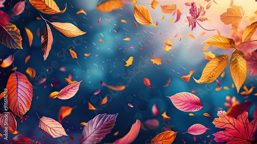 A colorful autumn scene with leaves falling from the sky