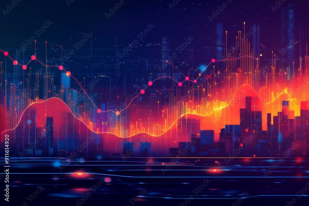 A vibrant digital representation of financial data analysis, showcasing colorful graphs and cityscape elements, symbolizing trends and market dynamics in a modern environment A vibrant digital representation of financial data analysis, showcasing colorful graphs and cityscape elements, symbolizing trends and market dynamics in a modern environment