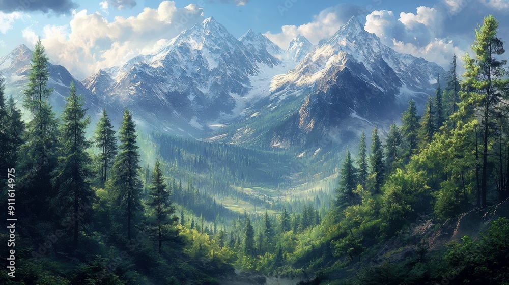A breathtaking landscape featuring majestic mountains, lush forests, and a serene valley, illuminated by soft sunlight and dramatic clouds A breathtaking landscape featuring majestic mountains, lush forests, and a serene valley, illuminated by soft sunlight and dramatic clouds