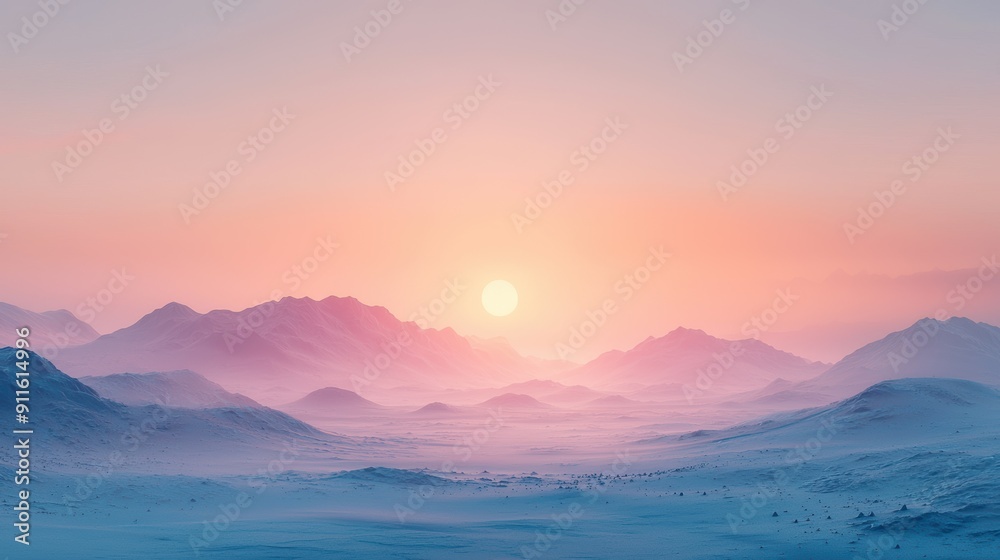 Fototapeta premium A serene winter landscape at sunset, featuring soft pastel colors, gentle mountain silhouettes, and a tranquil ambiance, creating a peaceful and dreamy atmosphere