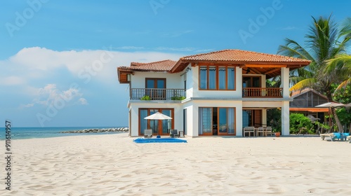 A beautiful villa enjoys the coastal breeze on a sunny, peaceful beach