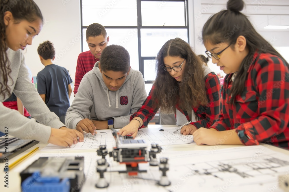 High school students work together on a robotics engineering project ...