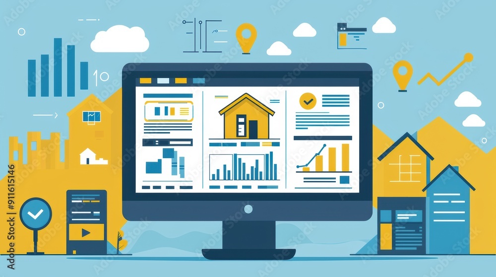 A vibrant digital dashboard on a computer displaying real estate data, analytics, and metrics, surrounded by icons and graphics representing housing and technology. A vibrant digital dashboard on a computer displaying real estate data, analytics, and metrics, surrounded by icons and graphics representing housing and technology.