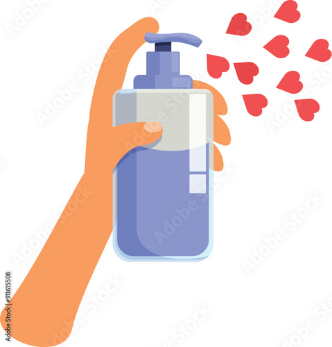 Beautician is applying a love potion with a pump dispenser spraying hearts