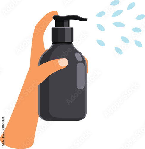 Hand is pressing a black dispenser bottle with pump for liquid soap, lotion or sanitizer