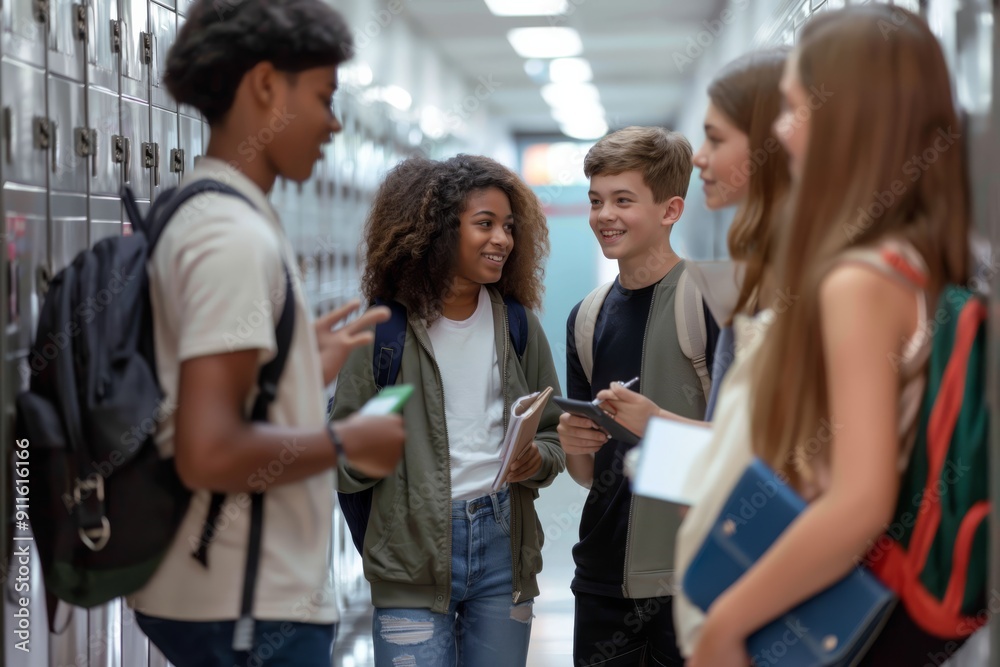 Obraz premium A diverse group of high school students socializing in a hallway, chatting, and smiling. The scene reflects friendship, camaraderie, inclusivity, and engagement in a multicultural academic setting