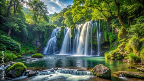 Cascading Waters in a Verdant Embrace - A Long Exposure of a Waterfall Surrounded by Lush Greenery  Nature   Waterfall   Forest   Landscape