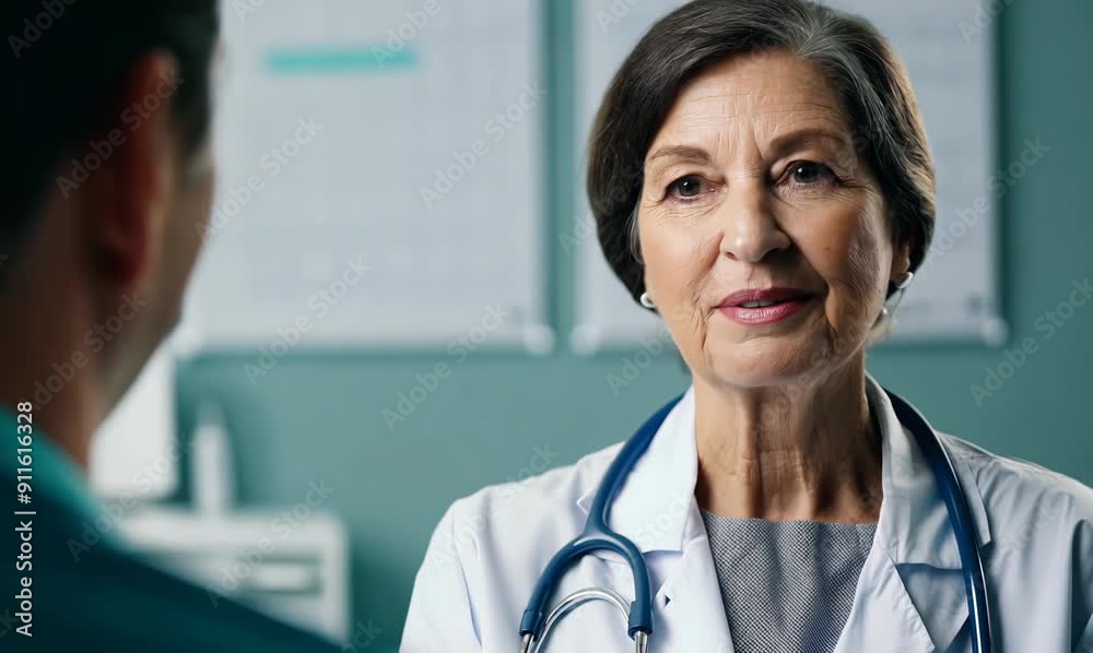Portrait of a smiling senior female doctor with a patient in the background