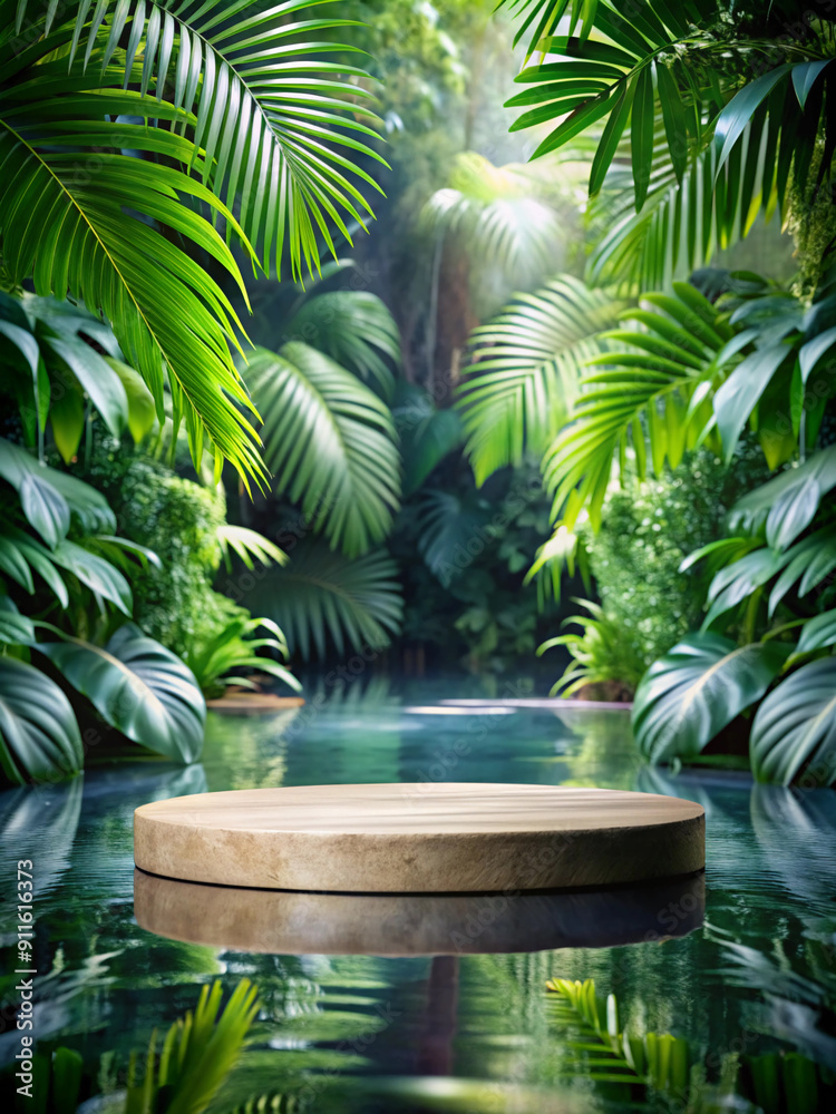 Tropical rainforest background, circular exhibition platform over water Tropical rainforest background, circular exhibition platform over water