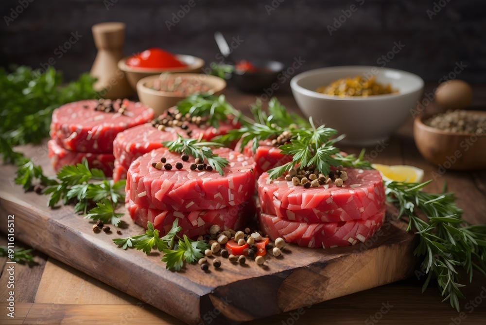 Raw beef fillet steaks on wooden board on dark table close up with copy space. Portioned filet mignons with spices and herbs. Concept of summer food, meat eaters.
