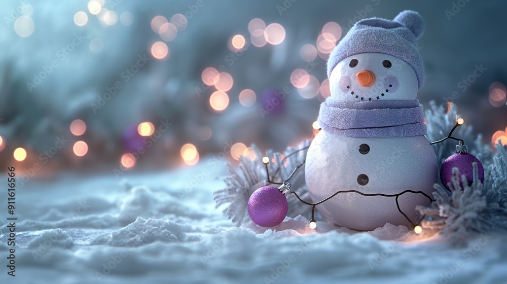 Obraz premium Christmas card background with purple snowman decor using branches cones lights ornaments decorations on blurred bokeh holiday backdrop for product mockup and text. Extra space for copy.