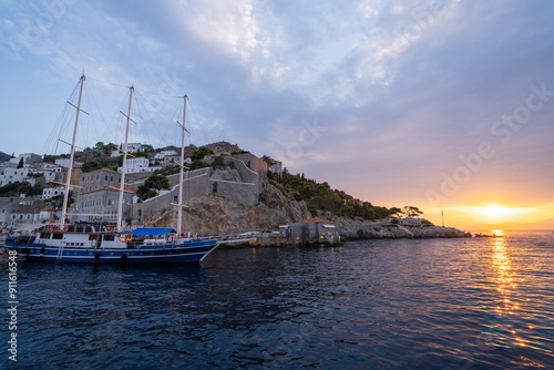 Sunset over hydra in greece