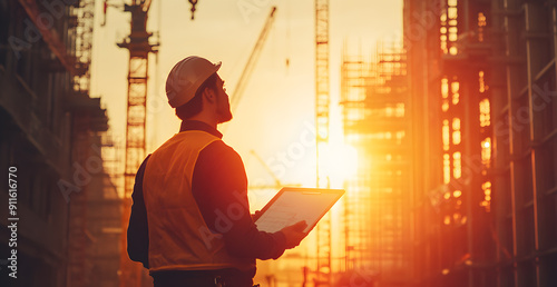 A construction worker wearing a yellow vest is holding a clipboard