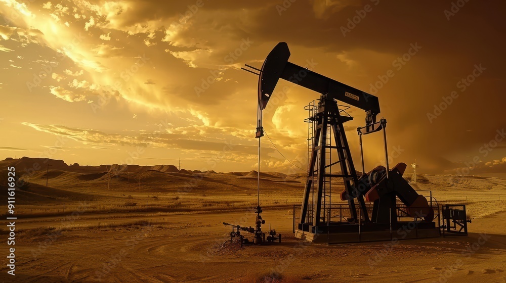 Sunset view of an oil pumpjack in a desert landscape, highlighting the energy extraction process under dramatic skies. Sunset view of an oil pumpjack in a desert landscape, highlighting the energy extraction process under dramatic skies.