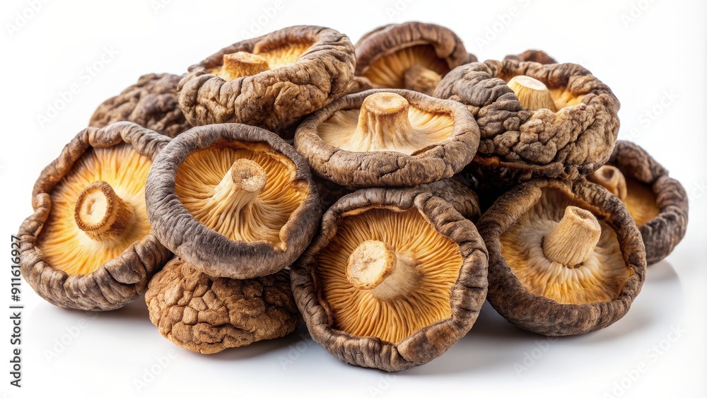 Close-up of a Pile of Dried Shiitake Mushrooms, Isolated on White Background, Food Photography, Fungi, Nature, Texture, Brown Close-up of a Pile of Dried Shiitake Mushrooms, Isolated on White Background, Food Photography, Fungi, Nature, Texture, Brown