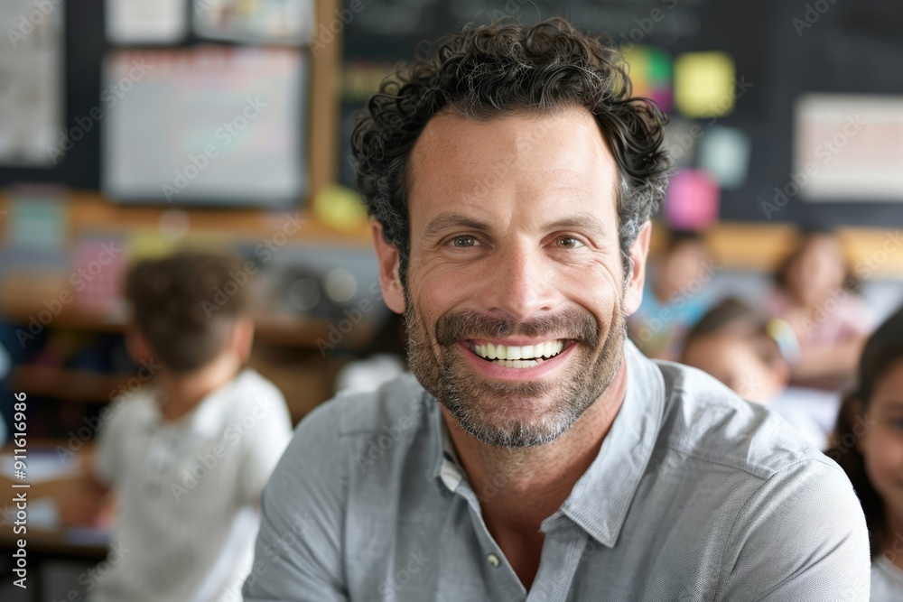Handsome male teacher smiling and looking into camera at elementary school with children at the blurred background Handsome male teacher smiling and looking into camera at elementary school with children at the blurred background