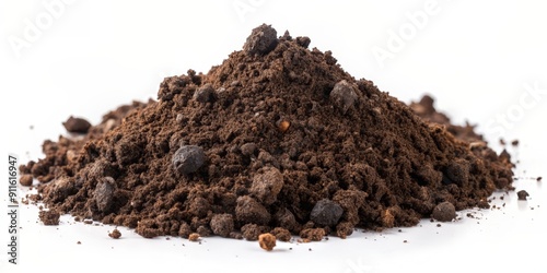 Close-up of a Pile of Rich Brown Soil on a White Background, soil, dirt, earth, texture