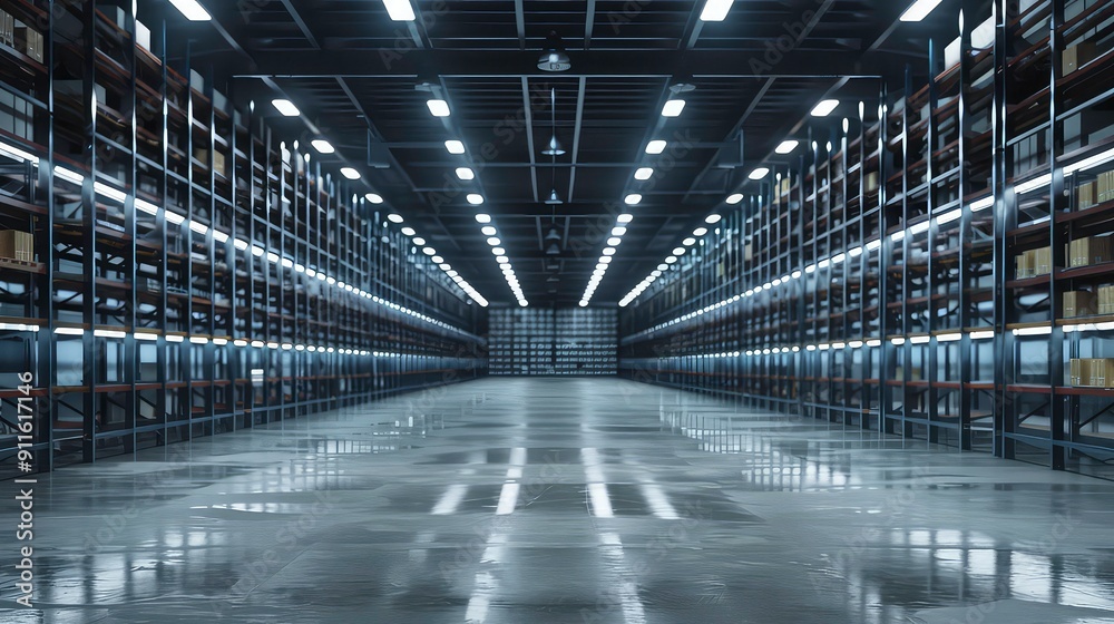 An empty industrial warehouse with rows of metal shelves illuminated by bright lights, showcasing a clean and spacious interior. An empty industrial warehouse with rows of metal shelves illuminated by bright lights, showcasing a clean and spacious interior.
