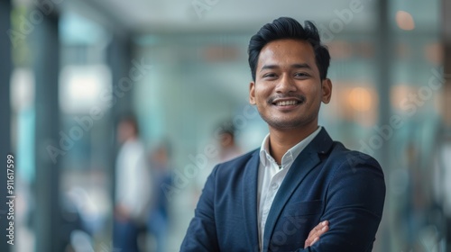 Portrait of a handsome smiling asian indian businessman boss in a suit standing in his modern business company office. his workers standing in the blurry background