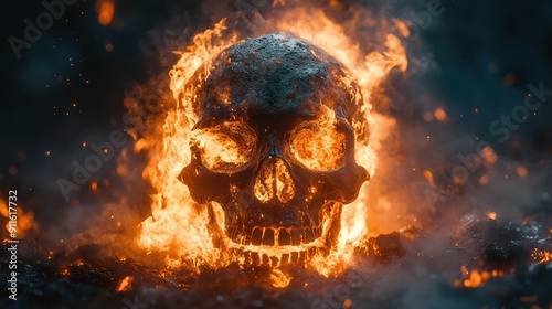 Fiery Skull in Flames - Intense and Dramatic Image of a Burning Skull with Glowing Fire and Dark Background, Perfect for Halloween, Horror Themes, and Artistic Projects