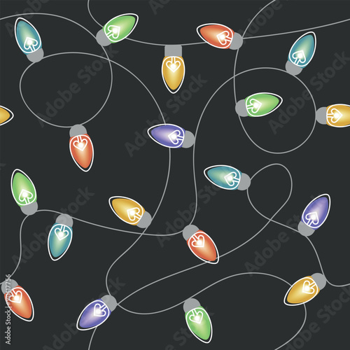 Vector seamless pattern featuring colorful string lights on a dark background, ideal for festive holiday decorations, party invitations, seasonal designs, lively and joyful atmosphere, multicolored
