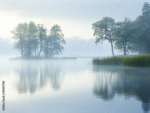 Gentle morning mist envelops a tranquil lake, creating a perfect setting for contemplation and tranquility.