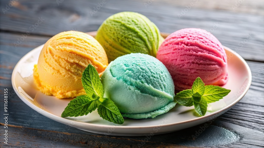 Colorful Ice Cream Scoops on a White Plate, Ice Cream, Dessert, Summer, Treat Colorful Ice Cream Scoops on a White Plate, Ice Cream, Dessert, Summer, Treat