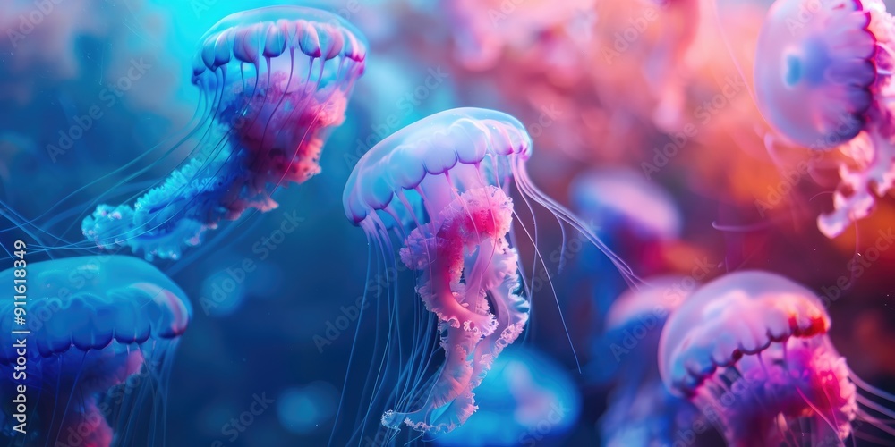 Obraz premium Jellyfish in shades of blue and pink swimming in the aquarium