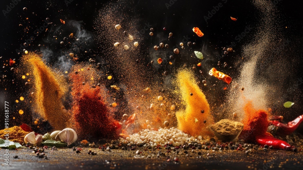 spices exploding in the air on a dark background.capturing dynamic motion and energetic spirit of culinary art