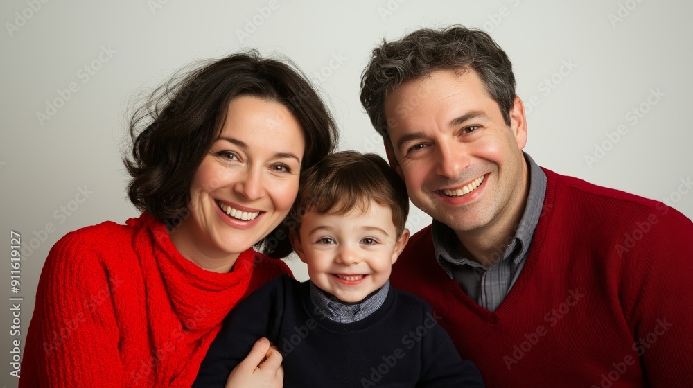 Happy family portrait with mother, father, and young child smiling together in matching red and navy outfits against a neutral background. Happy family portrait with mother, father, and young child smiling together in matching red and navy outfits against a neutral background.