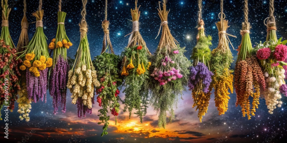 Fototapeta premium Dried Flower Bouquets Hanging Against a Starry Sky, dried flowers, floral arrangement, night sky, celestial, stars