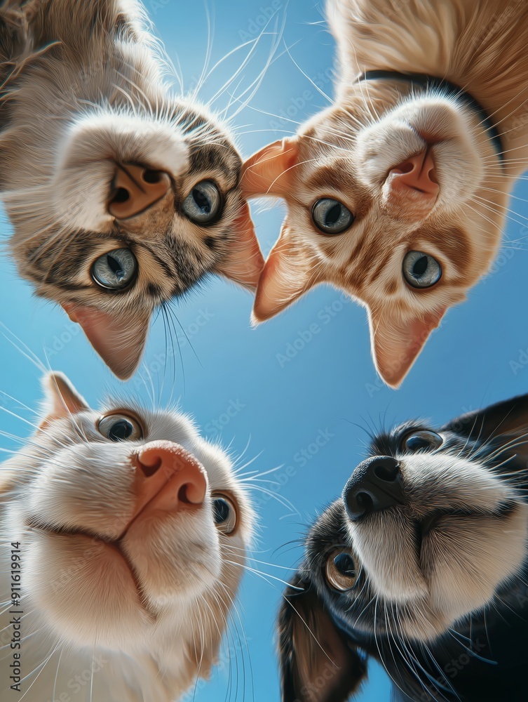 Fototapeta premium Cute cats and dog looking down at the camera under the blue sky