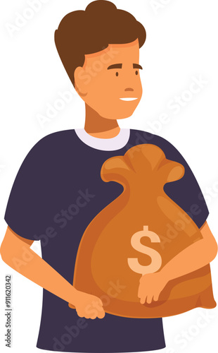 Young man is smiling and holding a big heavy sack full of us dollar bills