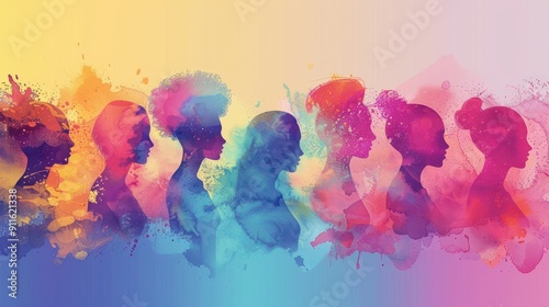 cross cultural, racial equality, multi ethical, diversity people. woman and man power, empowerment, tolerance, discrimination. wide banner background of human profile silhouette. women's Day photo