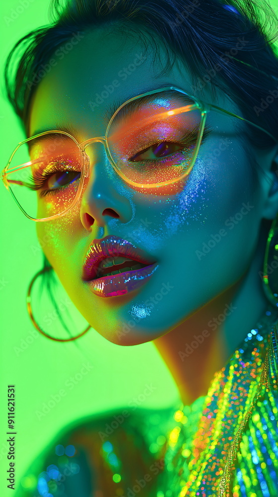 Y3K-inspired closeup with holographic glasses and glitter makeup. Futuristic beauty trends for high-tech fashion editorials and cosmetic advertising Y3K-inspired closeup with holographic glasses and glitter makeup. Futuristic beauty trends for high-tech fashion editorials and cosmetic advertising