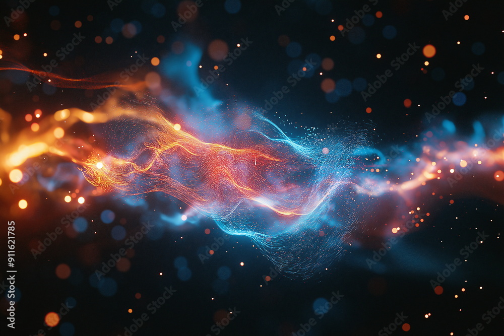 Cosmic energy streams in vibrant orange and blue for Y3K aesthetic backgrounds, futuristic data flow visualizations and next-generation quantum computing concepts