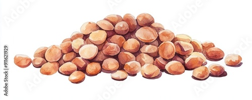 Lentil beans as protein, handdrawn illustration, earthy tones, watercolor, isolated on white background