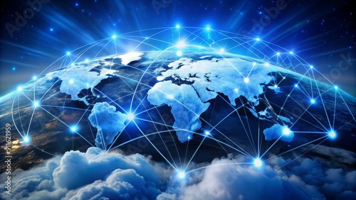 Global Network Connection - Earth in Clouds with Blue Lines, Earth, Network, Connection, Cloud