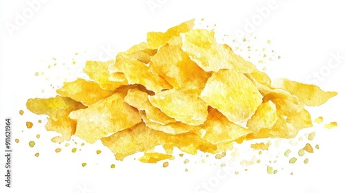 Nutritional yeast flakes, cheesy flavor, photorealistic, watercolor, isolated on white background