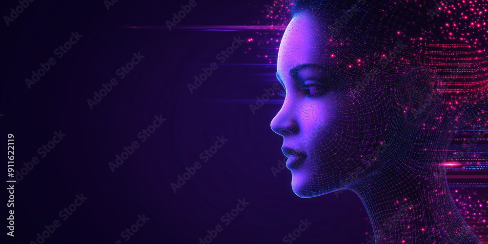 Profile of woman composed of luminous data mesh for Y3K aesthetic AI representations, futuristic digital identity concepts and next-generation cybernetic enhancement visualizations. Place for text Profile of woman composed of luminous data mesh for Y3K aesthetic AI representations, futuristic digital identity concepts and next-generation cybernetic enhancement visualizations. Place for text