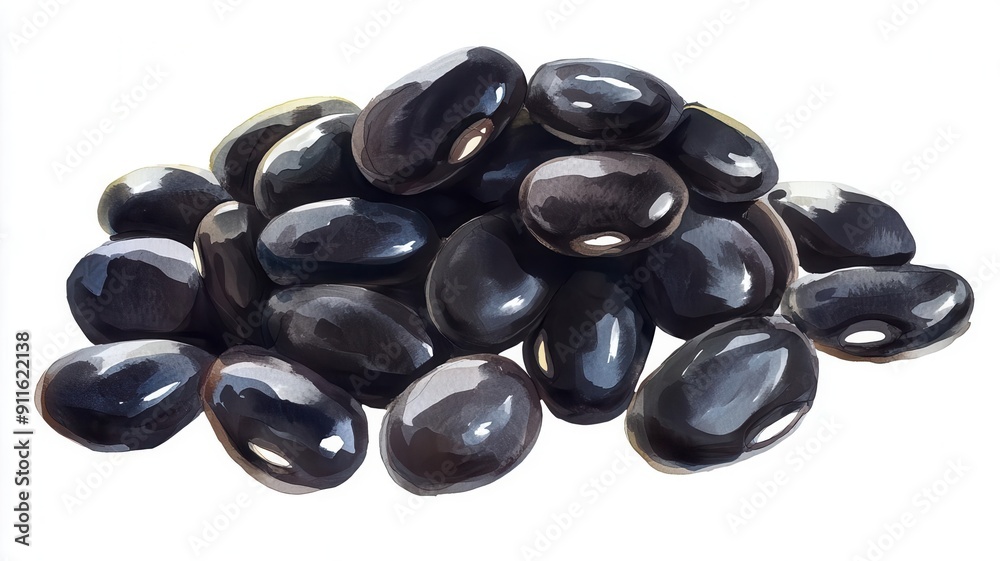 Black bean protein sources, flat design, bold colors, watercolor, isolated on white background Black bean protein sources, flat design, bold colors, watercolor, isolated on white background