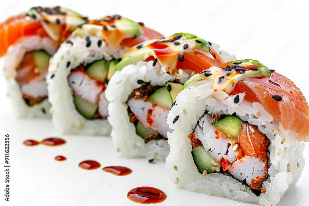 A California sushi roll, perfectly formed and sliced, isolated on a white background. A California sushi roll, perfectly formed and sliced, isolated on a white background.