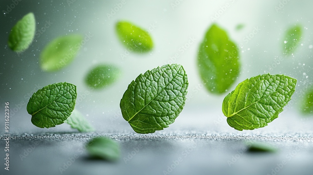 Falling mint leaves, spearmint, isolated on white background, Falling mint leaves, spearmint, isolated on white background,