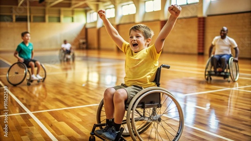 Fototapeta Naklejka Na Ścianę i Meble -  Group of children playing basketball in a gymnasium, with a focus on a joyful child in a wheelchair, raising arms in victory. The image promotes inclusivity, determination, and the joy of sports