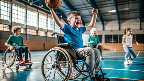 Group of children playing basketball in a gymnasium, with a focus on a joyful child in a wheelchair, raising arms in victory. The image promotes inclusivity, determination, and the joy of sports