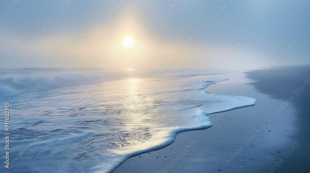 A soft silver sunrise on a beach with a mystical background A soft silver sunrise on a beach with a mystical background
