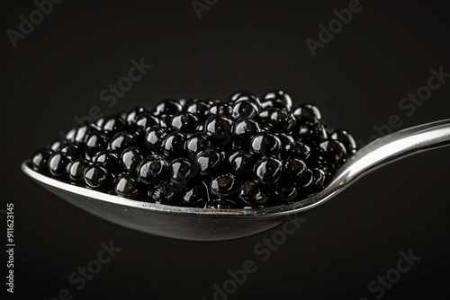 silver spoon filled with glistening black caviar, the individual beads perfectly round and glistening