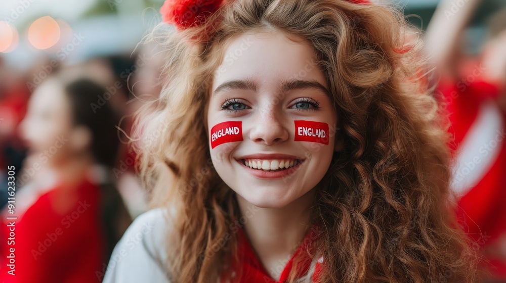 Cheerful young woman with face paint and curly hair, smiling enthusiastically at a sports event, surrounded by a crowd in the background. Cheerful young woman with face paint and curly hair, smiling enthusiastically at a sports event, surrounded by a crowd in the background.