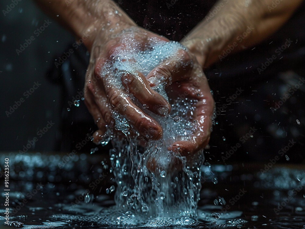 Fototapeta premium Hands Grasping Water Flowing Through Fingers in a Dark Environment