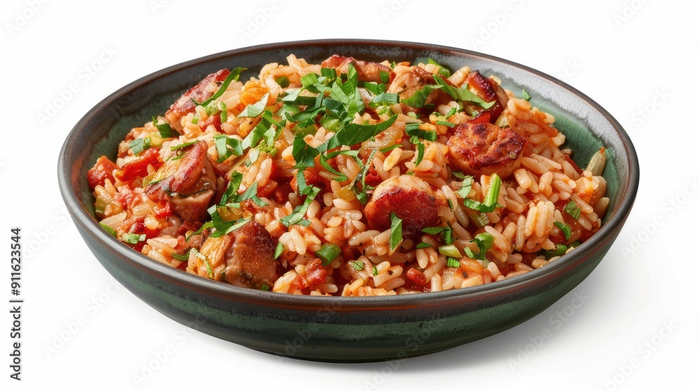 Jambalaya rice food on bowl, isolated white background Jambalaya rice food on bowl, isolated white background
